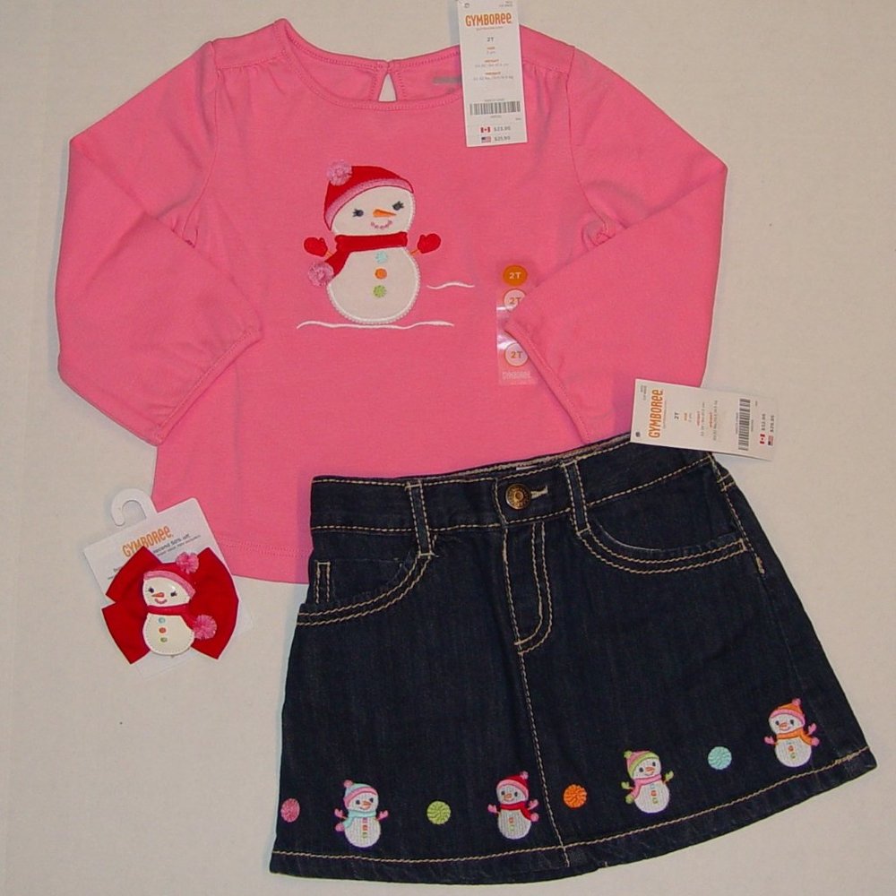 NWT Gymboree 2T snowman Top denim Skirt hair barrette 3pc set